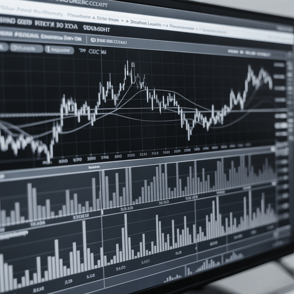 monochrome highly detailed trading charts and financial analytics displayed on a screen